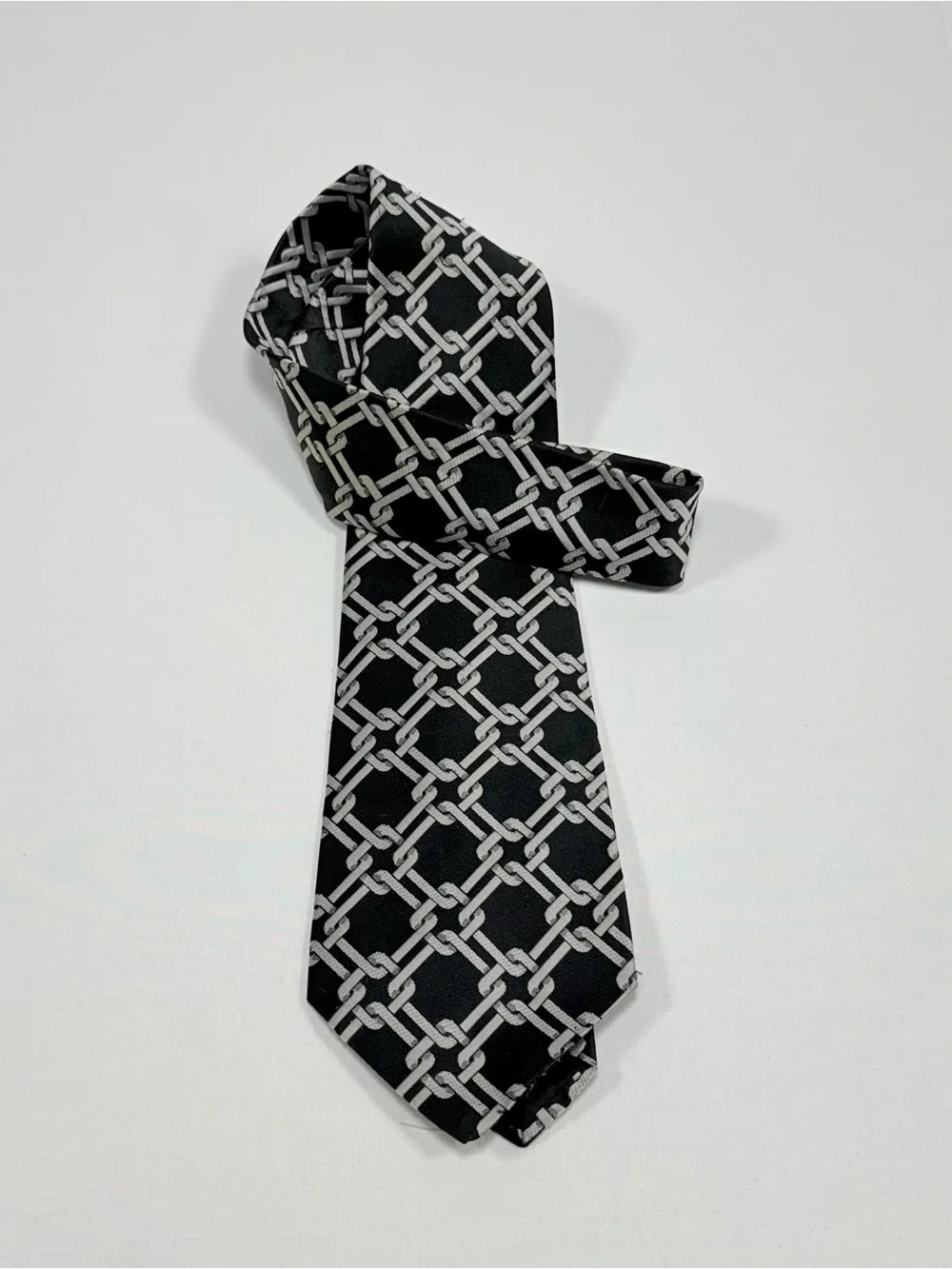 Vintage Trevira Black Silver Chain Link Geometric Wide Necktie OS